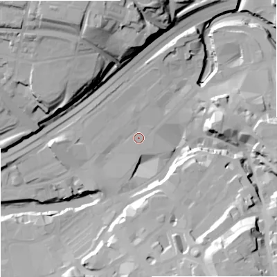 Shaded relief map of the ground around SK11PL, computed from Environment Agency LiDAR. The ground here sits at about 44 m above sea level and falls 43 m across the surrounding 800 m. Surface water reaching this point runs off ground lying to the west, 6.8 m higher.