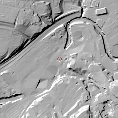 Shaded relief map of the ground around SK11PN, computed from Environment Agency LiDAR. The ground here sits at about 44 m above sea level and falls 43 m across the surrounding 800 m. Surface water reaching this point runs off ground lying to the south-south-east, 35.6 m higher.