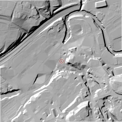 Shaded relief map of the ground around SK11PP, computed from Environment Agency LiDAR. The ground here sits at about 44 m above sea level and falls 43 m across the surrounding 800 m. Surface water reaching this point runs off ground lying to the south-south-east, 36.6 m higher.