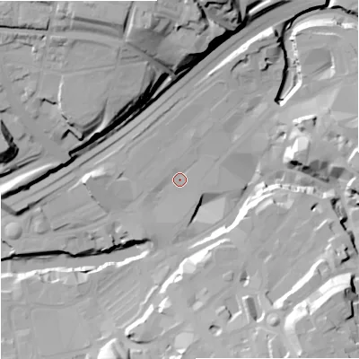 Shaded relief map of the ground around SK11PT, computed from Environment Agency LiDAR. The ground here sits at about 44 m above sea level and falls 43 m across the surrounding 800 m. Surface water reaching this point runs off ground lying to the west, 6.8 m higher.