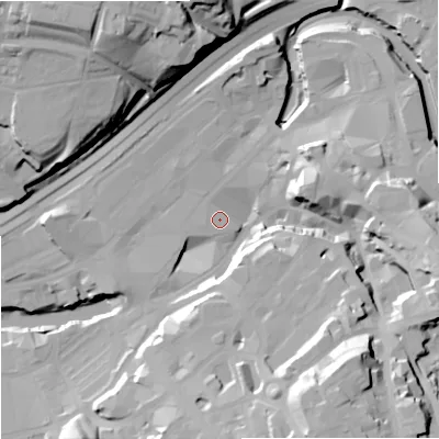 Shaded relief map of the ground around SK11PU, computed from Environment Agency LiDAR. The ground here sits at about 44 m above sea level and falls 43 m across the surrounding 800 m. Surface water reaching this point runs off ground lying to the south-east, 36.6 m higher.