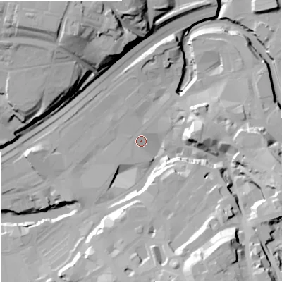 Shaded relief map of the ground around SK11PW, computed from Environment Agency LiDAR. The ground here sits at about 43 m above sea level and falls 43 m across the surrounding 800 m. Surface water reaching this point runs off ground lying to the south-south-east, 36.6 m higher.