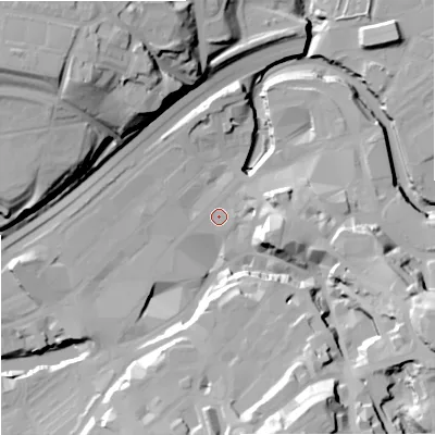 Shaded relief map of the ground around SK11QA, computed from Environment Agency LiDAR. The ground here sits at about 44 m above sea level and falls 43 m across the surrounding 800 m. Surface water reaching this point runs off ground lying to the south-south-east, 35.6 m higher.
