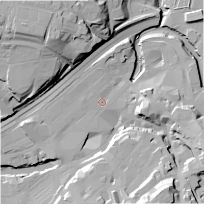 Shaded relief map of the ground around SK11QD, computed from Environment Agency LiDAR. The ground here sits at about 44 m above sea level and falls 43 m across the surrounding 800 m. Surface water reaching this point runs off ground lying to the south-south-east, 35.6 m higher.