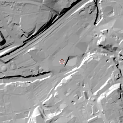 Shaded relief map of the ground around SK11QW, computed from Environment Agency LiDAR. The ground here sits at about 45 m above sea level and falls 40 m across the surrounding 800 m. Surface water reaching this point runs off ground lying to the south-south-west, 1.2 m higher.