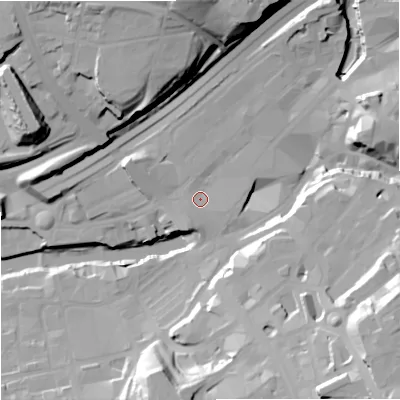 Shaded relief map of the ground around SK11RA, computed from Environment Agency LiDAR. The ground here sits at about 44 m above sea level and falls 41 m across the surrounding 800 m. Surface water reaching this point runs off ground lying to the south-south-west, 4.6 m higher.