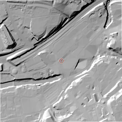 Shaded relief map of the ground around SK11RB, computed from Environment Agency LiDAR. The ground here sits at about 44 m above sea level and falls 42 m across the surrounding 800 m. Surface water reaching this point runs off ground lying to the west-north-west, 6.8 m higher.