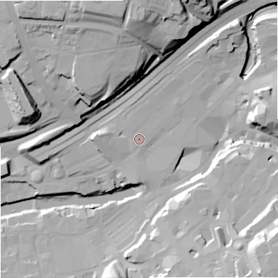 Shaded relief map of the ground around SK11RH, computed from Environment Agency LiDAR. The ground here sits at about 45 m above sea level and falls 43 m across the surrounding 800 m. Surface water reaching this point runs off ground lying to the west, 5.4 m higher.