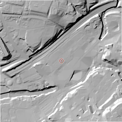 Shaded relief map of the ground around SK11RJ, computed from Environment Agency LiDAR. The ground here sits at about 45 m above sea level and falls 43 m across the surrounding 800 m. Surface water reaching this point runs off ground lying to the north-north-west, 1.3 m higher.