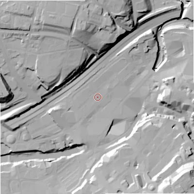 Shaded relief map of the ground around SK11RS, computed from Environment Agency LiDAR. The ground here sits at about 45 m above sea level and falls 43 m across the surrounding 800 m. Surface water reaching this point runs off ground lying to the north, 1.5 m higher.