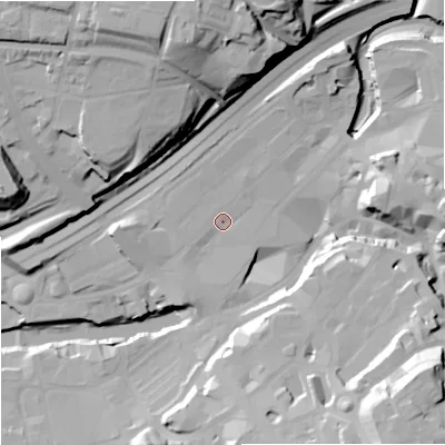 Shaded relief map of the ground around SK11RW, computed from Environment Agency LiDAR. The ground here sits at about 44 m above sea level and falls 43 m across the surrounding 800 m. Surface water reaching this point runs off ground lying to the west, 6.8 m higher.