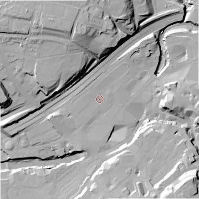 Shaded relief map of the ground around SK11RX, computed from Environment Agency LiDAR. The ground here sits at about 45 m above sea level and falls 43 m across the surrounding 800 m. Surface water reaching this point runs off ground lying to the north, 1.5 m higher.