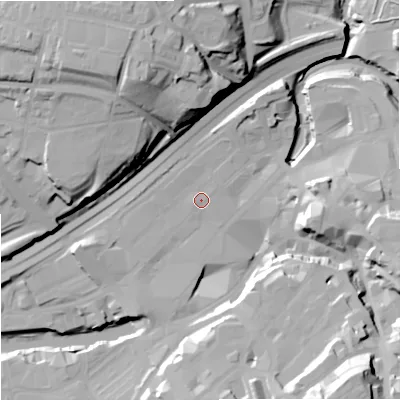 Shaded relief map of the ground around SK11RY, computed from Environment Agency LiDAR. The ground here sits at about 45 m above sea level and falls 43 m across the surrounding 800 m. Surface water reaching this point runs off ground lying to the north-west, 1.5 m higher.