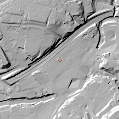 Shaded relief map of the ground around SK11SA, computed from Environment Agency LiDAR. The ground here sits at about 45 m above sea level and falls 43 m across the surrounding 800 m. Surface water reaching this point runs off ground lying to the north-east, 1.3 m higher.