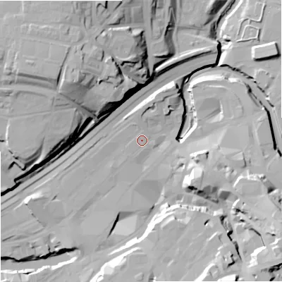Shaded relief map of the ground around SK11SE, computed from Environment Agency LiDAR. The ground here sits at about 45 m above sea level and falls 43 m across the surrounding 800 m. Surface water reaching this point runs off ground lying to the north, 2.4 m higher.