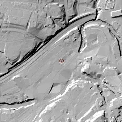 Shaded relief map of the ground around SK11SU, computed from Environment Agency LiDAR. The ground here sits at about 44 m above sea level and falls 43 m across the surrounding 800 m. Surface water reaching this point runs off ground lying to the south-south-east, 35.6 m higher.