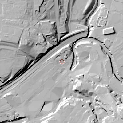 Shaded relief map of the ground around SK11TA, computed from Environment Agency LiDAR. The ground here sits at about 45 m above sea level and falls 43 m across the surrounding 800 m. Surface water reaching this point runs off ground lying to the north, 5.6 m higher.