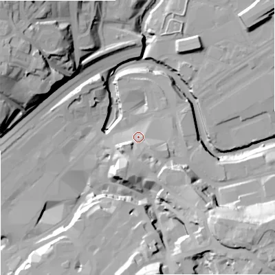 Shaded relief map of the ground around SK11TY, computed from Environment Agency LiDAR. The ground here sits at about 48 m above sea level and falls 42 m across the surrounding 800 m. Surface water reaching this point runs off ground lying to the south-south-east, 7.4 m higher.