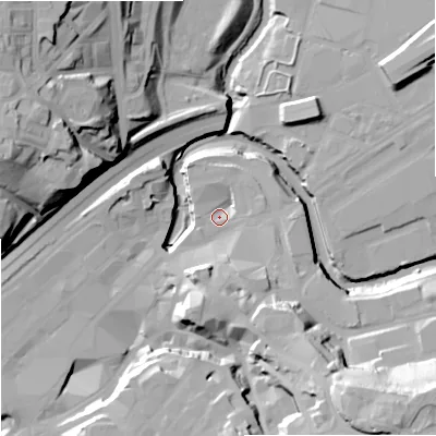 Shaded relief map of the ground around SK11UB, computed from Environment Agency LiDAR. The ground here sits at about 44 m above sea level and falls 43 m across the surrounding 800 m. Surface water reaching this point runs off ground lying to the south-south-east, 10.5 m higher.