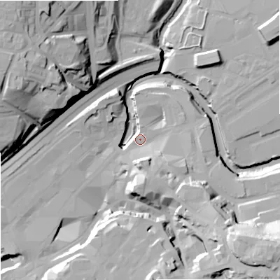 Shaded relief map of the ground around SK11UD, computed from Environment Agency LiDAR. The ground here sits at about 45 m above sea level and falls 43 m across the surrounding 800 m. Surface water reaching this point runs off ground lying to the south, 12.4 m higher.