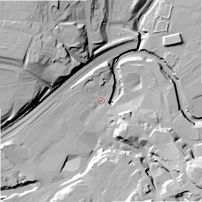 Shaded relief map of the ground around SK11XB, computed from Environment Agency LiDAR. The ground here sits at about 44 m above sea level and falls 43 m across the surrounding 800 m. Surface water reaching this point runs off ground lying to the south-east, 33.2 m higher.