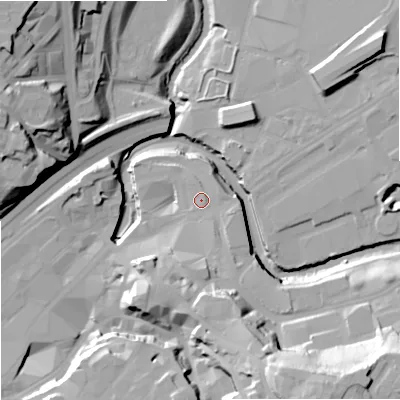 Shaded relief map of the ground around SK11XJ, computed from Environment Agency LiDAR. The ground here sits at about 46 m above sea level and falls 40 m across the surrounding 800 m. Surface water reaching this point runs off ground lying to the south-south-east, 2.3 m higher.