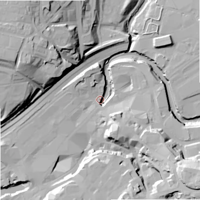 Shaded relief map of the ground around SK11XU, computed from Environment Agency LiDAR. The ground here sits at about 44 m above sea level and falls 43 m across the surrounding 800 m. Surface water reaching this point runs off ground lying to the south-east, 38.4 m higher.