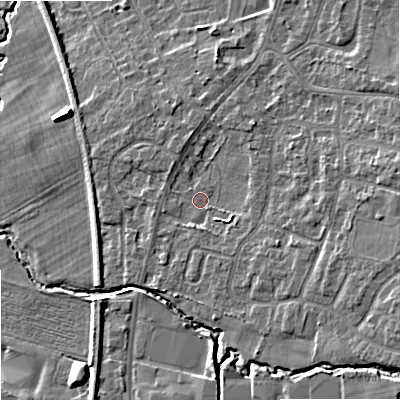 Shaded relief map of the ground around SK121AB, computed from Environment Agency LiDAR. The ground here sits at about 92 m above sea level and falls 10 m across the surrounding 800 m. Surface water reaching this point runs off ground lying to the east-south-east, 4.0 m higher.