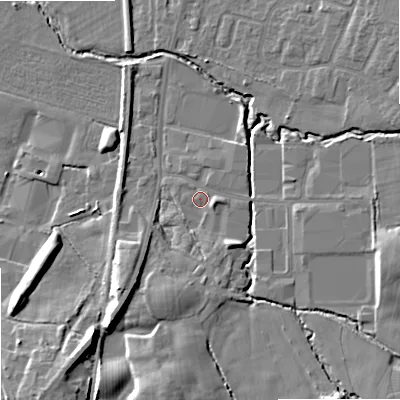 Shaded relief map of the ground around SK121BF, computed from Environment Agency LiDAR. The ground here sits at about 94 m above sea level and falls 13 m across the surrounding 800 m. Surface water reaching this point runs off ground lying to the south, 7.8 m higher.