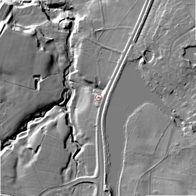 Shaded relief map of the ground around SK121BX, computed from Environment Agency LiDAR. The ground here sits at about 89 m above sea level and falls 25 m across the surrounding 800 m. Surface water reaching this point runs off ground lying to the south-south-east, 2.6 m higher.