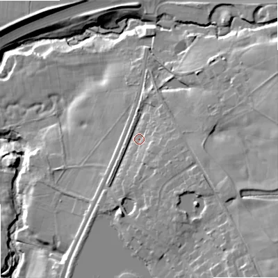 Shaded relief map of the ground around SK121BY, computed from Environment Agency LiDAR. The ground here sits at about 92 m above sea level and falls 28 m across the surrounding 800 m. Surface water reaching this point runs off ground lying to the east-south-east, 6.4 m higher.