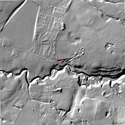 Shaded relief map of the ground around SK121FR, computed from Environment Agency LiDAR. The ground here sits at about 112 m above sea level and falls 34 m across the surrounding 800 m. Surface water reaching this point runs off ground lying to the east-north-east, 11.7 m higher.