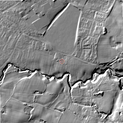 Shaded relief map of the ground around SK121FS, computed from Environment Agency LiDAR. The ground here sits at about 108 m above sea level and falls 28 m across the surrounding 800 m. Surface water reaching this point runs off ground lying to the east-south-east, 1.3 m higher.