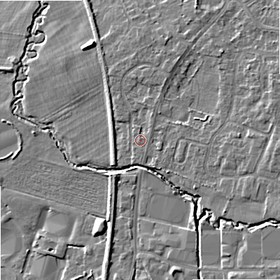 Shaded relief map of the ground around SK121GZ, computed from Environment Agency LiDAR. The ground here sits at about 93 m above sea level and falls 9 m across the surrounding 800 m. Surface water reaching this point runs off ground lying to the east, 3.9 m higher.