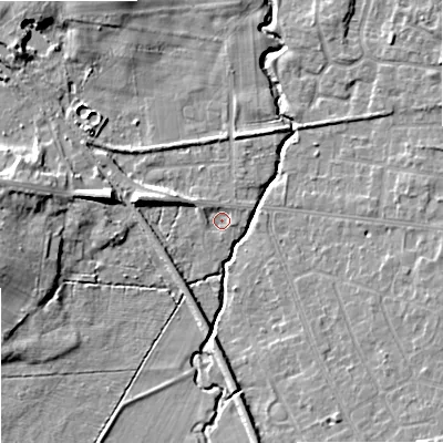 Shaded relief map of the ground around SK121HB, computed from Environment Agency LiDAR. The ground here sits at about 87 m above sea level and falls 10 m across the surrounding 800 m. Surface water reaching this point runs off ground lying to the west-north-west, 1.8 m higher.