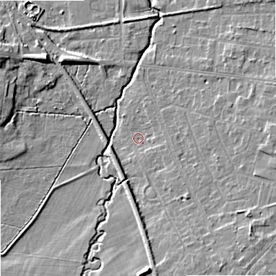 Shaded relief map of the ground around SK121HZ, computed from Environment Agency LiDAR. The ground here sits at about 88 m above sea level and falls 11 m across the surrounding 800 m. Surface water reaching this point runs off ground lying to the south-east, 3.6 m higher.