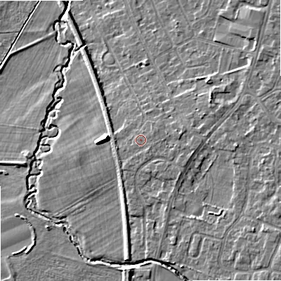 Shaded relief map of the ground around SK121JD, computed from Environment Agency LiDAR. The ground here sits at about 92 m above sea level and falls 9 m across the surrounding 800 m. Surface water reaching this point runs off ground lying to the east-north-east, 0.9 m higher.