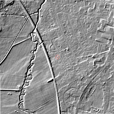 Shaded relief map of the ground around SK121JE, computed from Environment Agency LiDAR. The ground here sits at about 90 m above sea level and falls 10 m across the surrounding 800 m. Surface water reaching this point runs off ground lying to the south-east, 3.1 m higher.