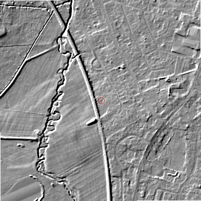 Shaded relief map of the ground around SK121JF, computed from Environment Agency LiDAR. The ground here sits at about 91 m above sea level and falls 10 m across the surrounding 800 m. Surface water reaching this point runs off ground lying to the east-south-east, 2.3 m higher.
