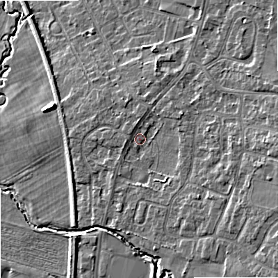 Shaded relief map of the ground around SK121LG, computed from Environment Agency LiDAR. The ground here sits at about 92 m above sea level and falls 11 m across the surrounding 800 m. Surface water reaching this point runs off ground lying to the north-west, 1.3 m higher.