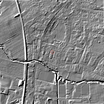 Shaded relief map of the ground around SK121LN, computed from Environment Agency LiDAR. The ground here sits at about 93 m above sea level and falls 10 m across the surrounding 800 m. Surface water reaching this point runs off ground lying to the east-north-east, 0.8 m higher.