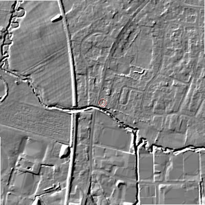 Shaded relief map of the ground around SK121LQ, computed from Environment Agency LiDAR. The ground here sits at about 92 m above sea level and falls 10 m across the surrounding 800 m. Surface water reaching this point runs off ground lying to the east, 4.0 m higher.
