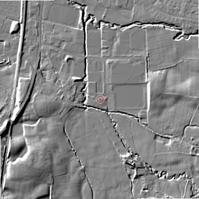 Shaded relief map of the ground around SK121ND, computed from Environment Agency LiDAR. The ground here sits at about 95 m above sea level and falls 11 m across the surrounding 800 m. Surface water reaching this point runs off ground lying to the west-south-west, 0.7 m higher.