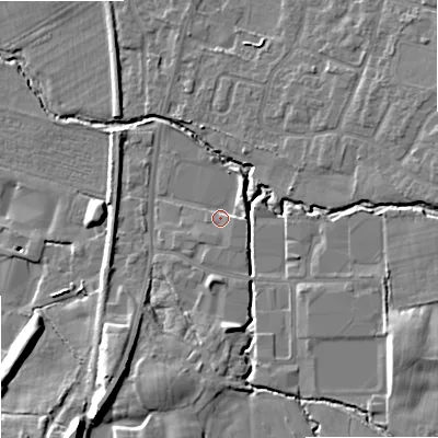 Shaded relief map of the ground around SK121PQ, computed from Environment Agency LiDAR. The ground here sits at about 93 m above sea level and falls 13 m across the surrounding 800 m. Surface water reaching this point runs off ground lying to the east-north-east, 2.8 m higher.