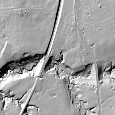 Shaded relief map of the ground around SK121TF, computed from Environment Agency LiDAR. The ground here sits at about 149 m above sea level and falls 52 m across the surrounding 800 m. Surface water reaching this point runs off ground lying to the south-south-east, 21.7 m higher.