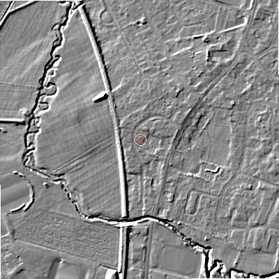 Shaded relief map of the ground around SK121XU, computed from Environment Agency LiDAR. The ground here sits at about 92 m above sea level and falls 9 m across the surrounding 800 m. Surface water reaching this point runs off ground lying to the east-north-east, 1.6 m higher.