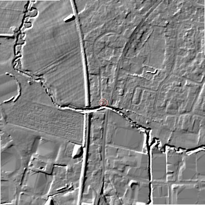 Shaded relief map of the ground around SK121YD, computed from Environment Agency LiDAR. The ground here sits at about 93 m above sea level and falls 9 m across the surrounding 800 m. Surface water reaching this point runs off ground lying to the south-east, 5.1 m higher.