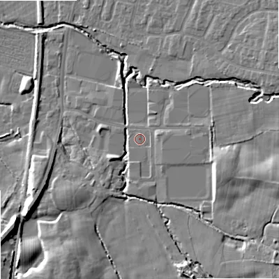 Shaded relief map of the ground around SK121YJ, computed from Environment Agency LiDAR. The ground here sits at about 94 m above sea level and falls 11 m across the surrounding 800 m. Surface water reaching this point runs off ground lying to the south-east, 1.3 m higher.