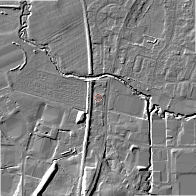 Shaded relief map of the ground around SK121ZF, computed from Environment Agency LiDAR. The ground here sits at about 92 m above sea level and falls 11 m across the surrounding 800 m. Surface water reaching this point runs off ground lying to the south, 7.9 m higher.