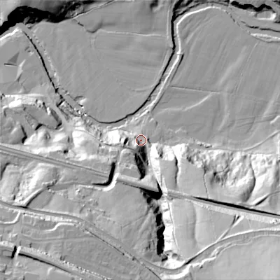 Shaded relief map of the ground around SK122HJ, computed from Environment Agency LiDAR. The ground here sits at about 116 m above sea level and falls 72 m across the surrounding 800 m. Surface water reaching this point runs off ground lying to the south-west, 54.9 m higher.
